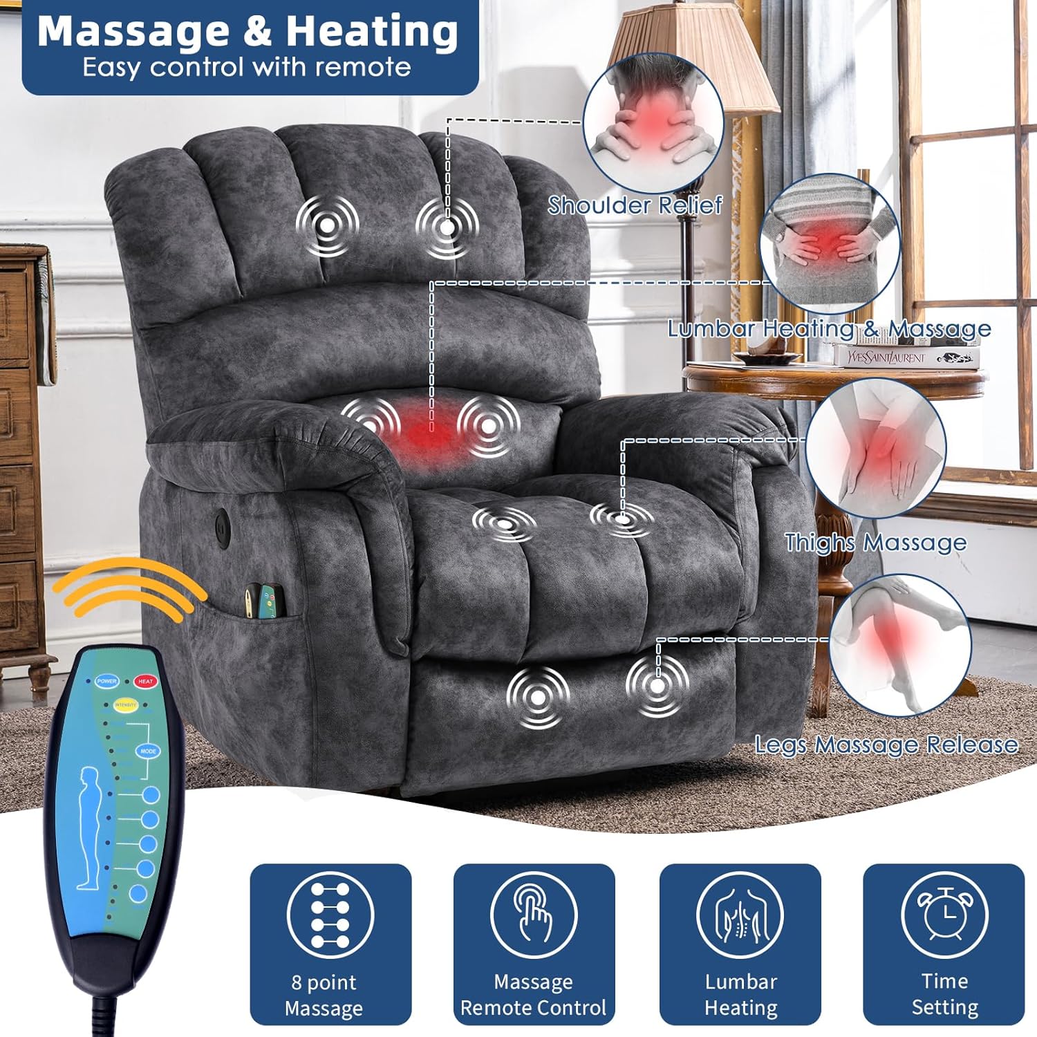 Large Electric Power Lift Recliner Chair with Extended Footrest for Elderly Big Man, Overstuffed Heated Massage Wide Reclining Sofa with 2 Remote Controls, Side Pockets & USB Ports, Gray