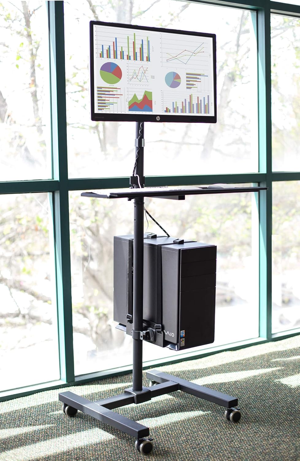 Mount-It! Rolling Computer Cart, Mobile Workstation with Tray Monitor Mount and CPU Holder, Height Adjustable and Mobile Stand for Office and Industrial Use