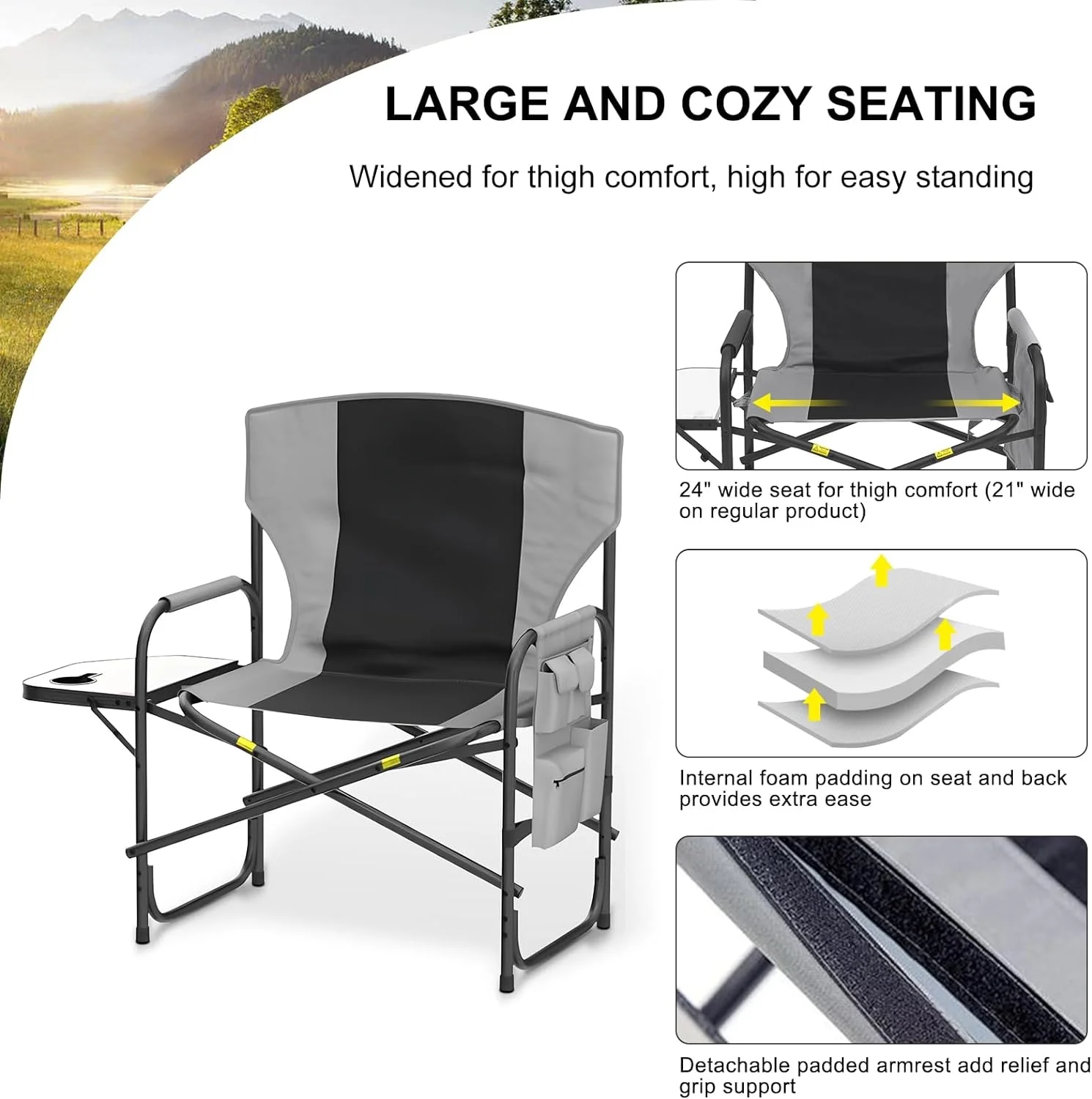 Oversized Director Camping Chair,600 LBS Heavy Duty Folding Chair,24"Cozy Outdoor Chair,With Cup Holder and Adjustable Table Folding Chair for Outside Beach,Lawn,Fishing,Camping,Patio,Makeup