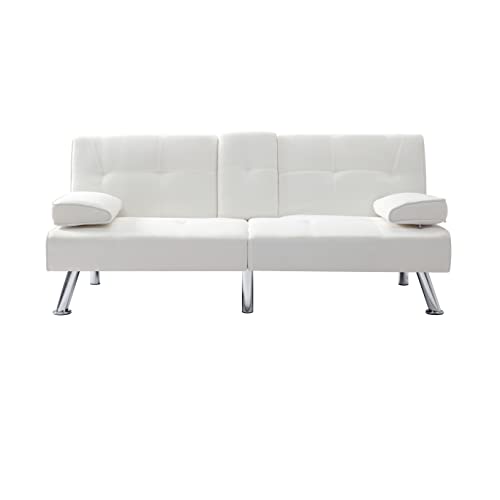 Synthetic Leather Cushion Modern Convertible futon, Adjustable Folding Sofa Bed, Guest Room Bed with Detachable armrests, Two Cup Holders, Metal Legs (Polyester Blend, Beige)