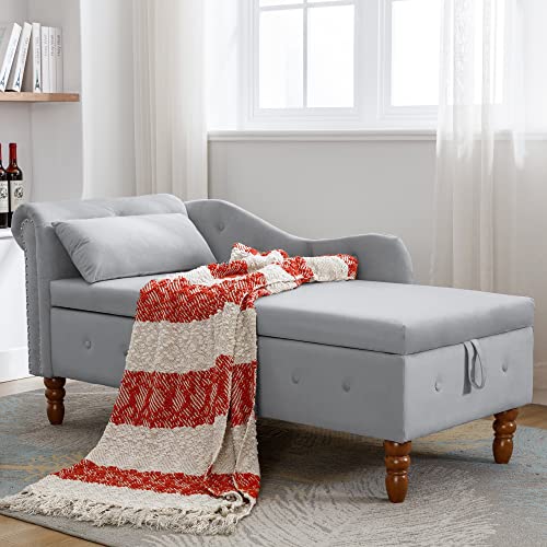 58" Modern Velvet Chaise Lounge Indoor,Upholstered Lounge Chair with Storage & Pillow, Rolled Arm Lounge Sofa for Living Room Bedroom Office (Gray)