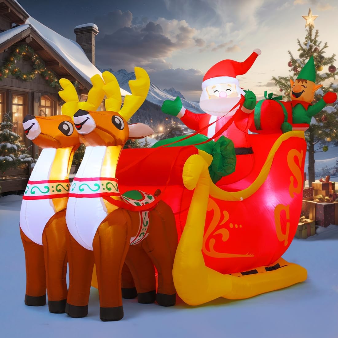 GOOSH 7 FT Christmas Inflatables Santa Claus in Sleigh and 6 FT Christmas Santa Inflatables Outdoor Decorations Smiling Santa Claus with Present Boxes