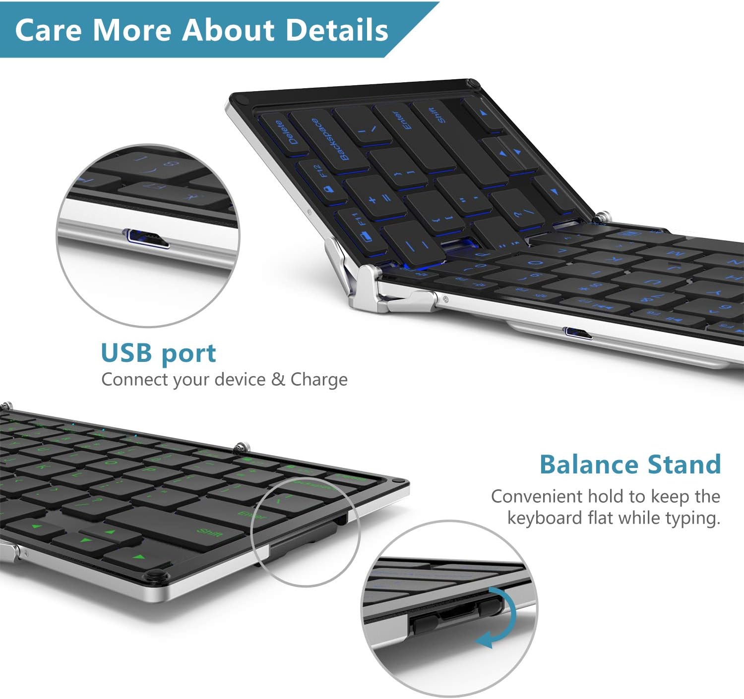 iClever BK05 Bluetooth Keyboard with 3-Color Backlight, Bluetooth 5.1 Multi-Device Foldable Keyboard with Aluminum Alloy Base for iOS Windows Android Tablets, Smartphones, Laptops, PC and More Pack of 2