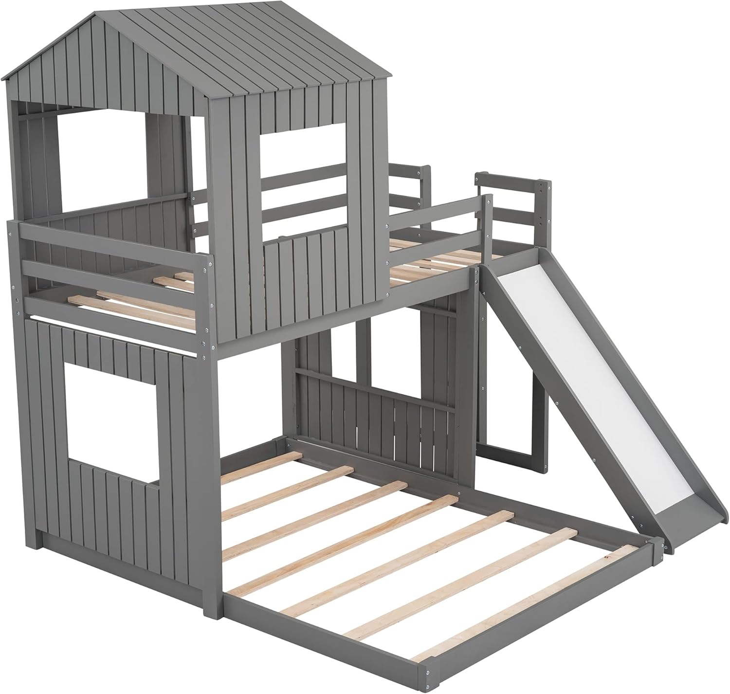 Twin Over Full Bunk Bed, Wood House BunkBed Frame with Ladder, Slide and Guardrails for Kids Teens, No Box Spring Needed, Space-Saving Design, Gray