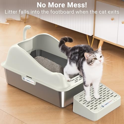 Stainless Steel Litter Box, XL Metal Litter Box with High Wall Sides, Stainless Steel Litter Box with Lid, Never Absorbs Odors, Non-Sticky, Anti-Urine Leakage-Grey