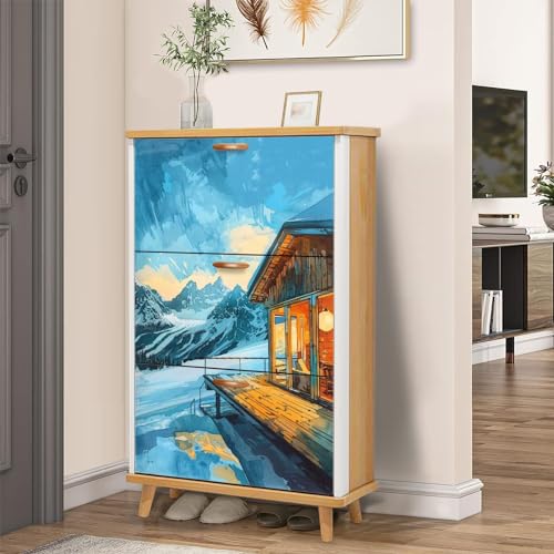 3 Drawer Shoe Cabinet, Artistic Shoe Cabinet, Mid Century Modern Mountain Birch Art Wood Shoe Rack Organizer for Entryway Slim (31.5”W x 9.45”D 46”H)