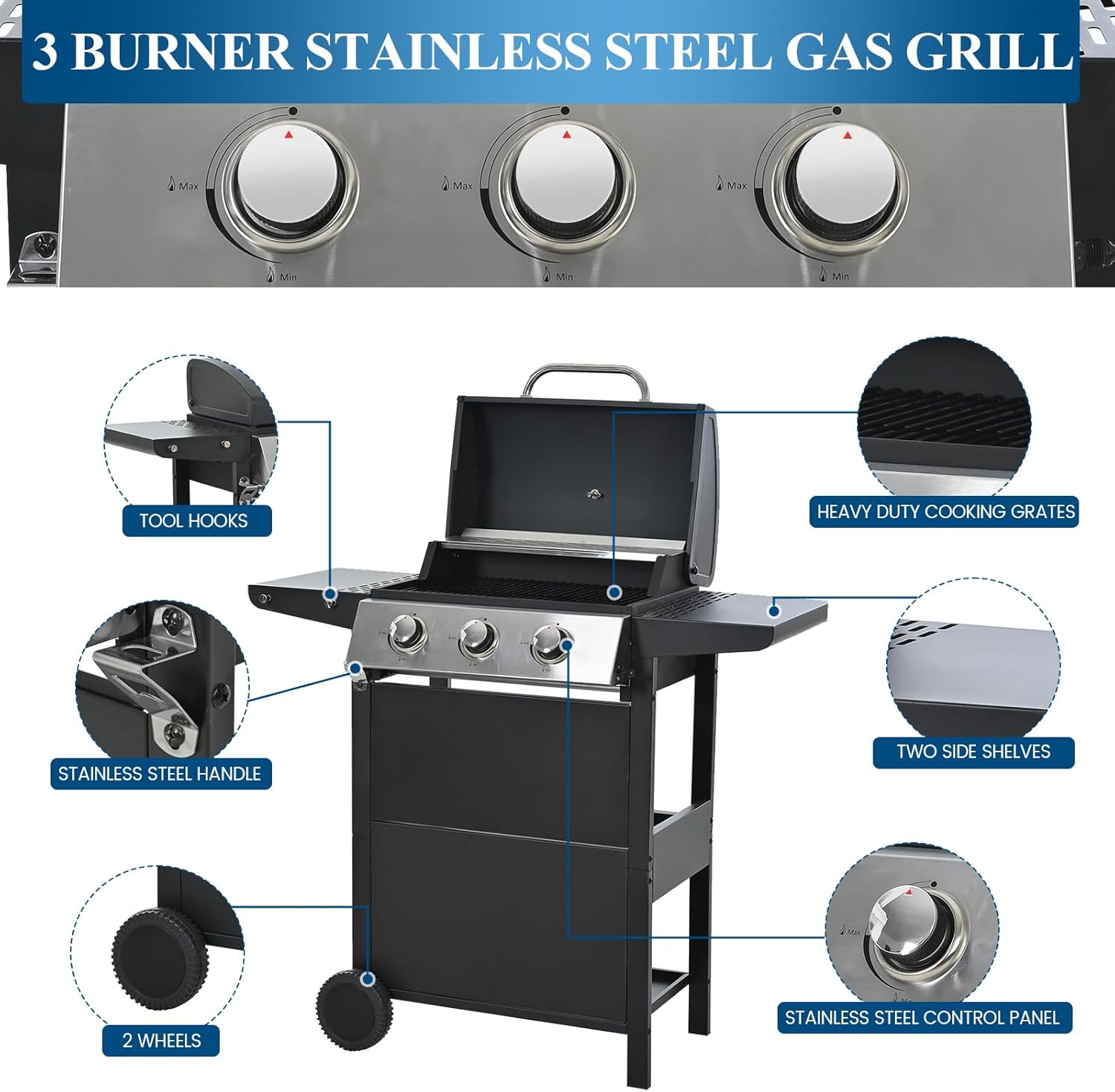 Gas Grill with 2 Side Shelves, Outdoor Patio 3 Burner Propane BBQ Grill with 2 Wheels, Lid and Bottle Opener, 30,000 BTU Stainless Steel Grill for Camping RV Backyard Barbecue Picnic, Black