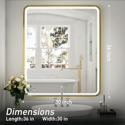 32X24 Inch LED Bathroom Mirror with Light, Black Metal Frame Mirror, Wall Mounted Lighted Vanity Mirrors for Wall, Anti Fog Dimmable Led Mirror for Makeup