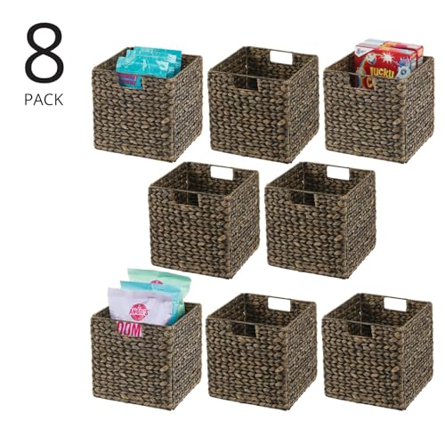 mDesign Natural Woven Hyacinth Cube Organizer Basket with Handles - Storage for Kitchen Cabinet or Pantry Shelf, Perfect for Cubby Storage Units, Holds Snacks or Small Appliances, 8 Pack, Black Wash