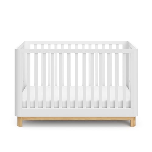 Storkcraft Santos 3-in-1 Convertible Crib (White with Natural) – GREENGUARD Gold Certified, Fits Standard Crib Mattress, Converts to Toddler Bed, Modern Style, Rounded Designer Details