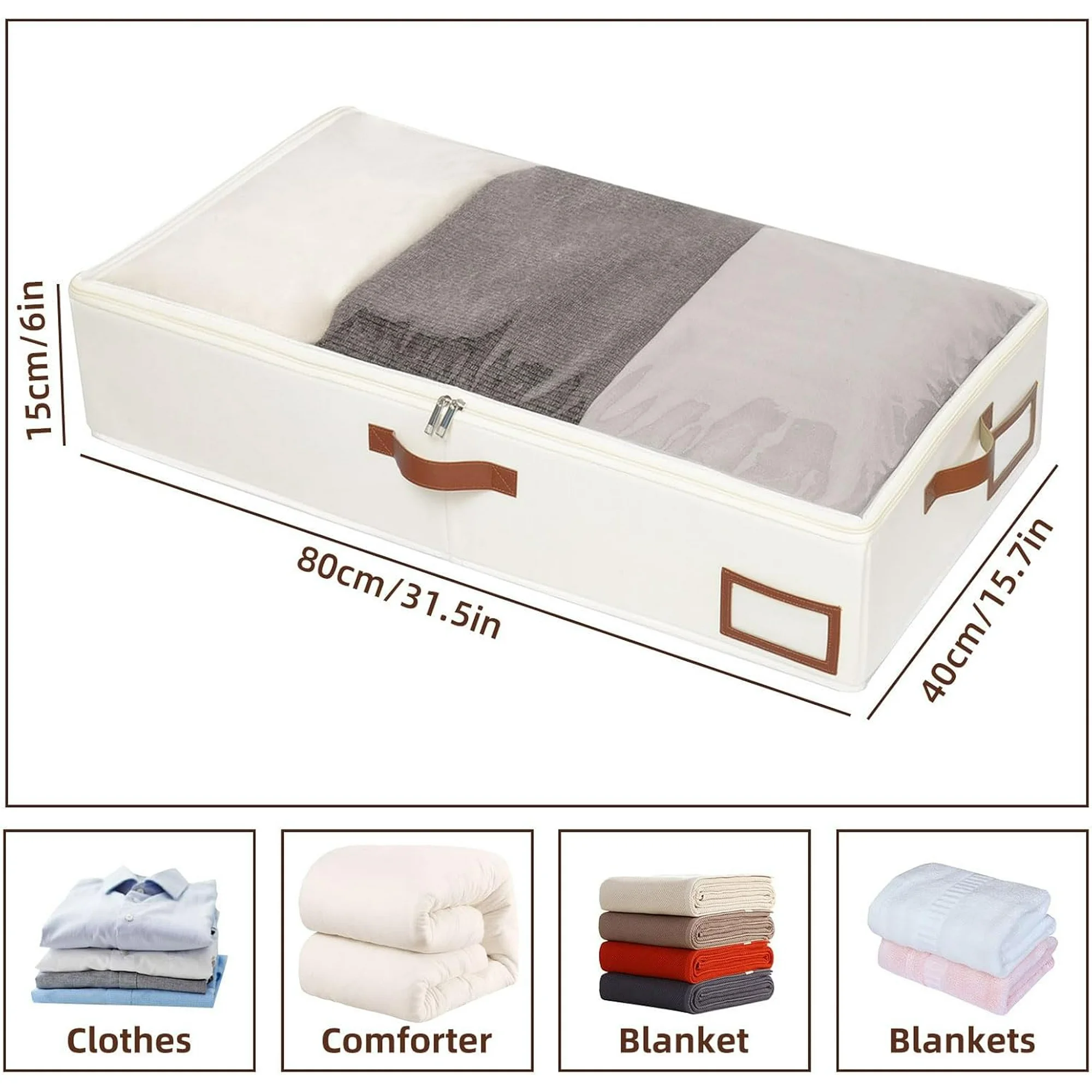 Under Bed Storage, 2 Pack Underbed Storage Box, Collapsible Storage Bag, with Sorting card slot and 4 Leather Handles, for Blanket, Bedding, 23.6''Lx11.8''Wx6''H, Beige