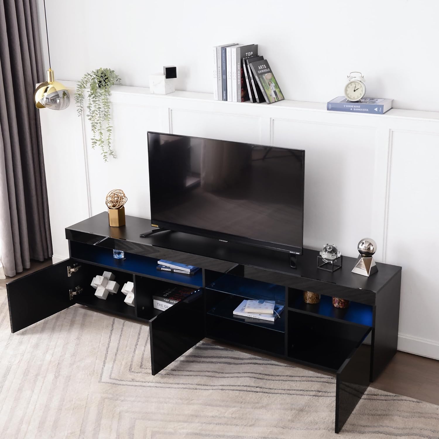 Modern Design TV Stands for TVs up to 80'', LED Light Entertainment Center, Media Console with Multi-Functional Storage, TV cabinet for Living room,Bedroom, Home Theatre (Black)