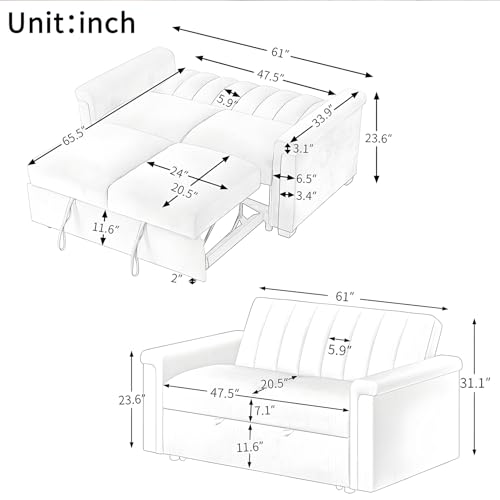 Pull Out Sofa Bed, Loveseat Sleeper, Convertible Soft Cushion Sofa Pull Bed,for Two People to Sit On, 2-in-1 Sofa Bed with Adjustable Backrest, Versatile Sleeper Sofa Bed (Gray)