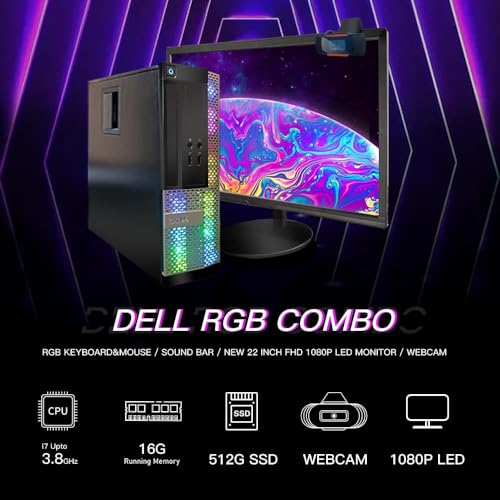 Dell Gaming OptiPlex Desktop RGB Computer PC, Intel Core i7, GeForce GT 1030 2GB GDDR5, 16GB RAM, 512GB SSD, 24 Inch HDMI Monitor, Keyboard Mouse and Headset, WiFi, Windows 10 Pro (Renewed)