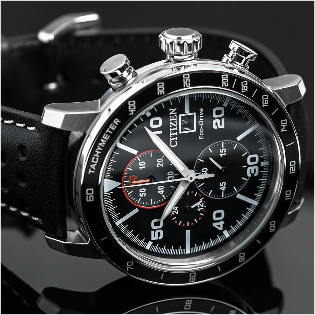 Citizen Men's Eco-Drive Weekender Brycen Chronograph Watch in Stainless Steel, Black Leather strap, Black Dial (Model: CA0649-14E)