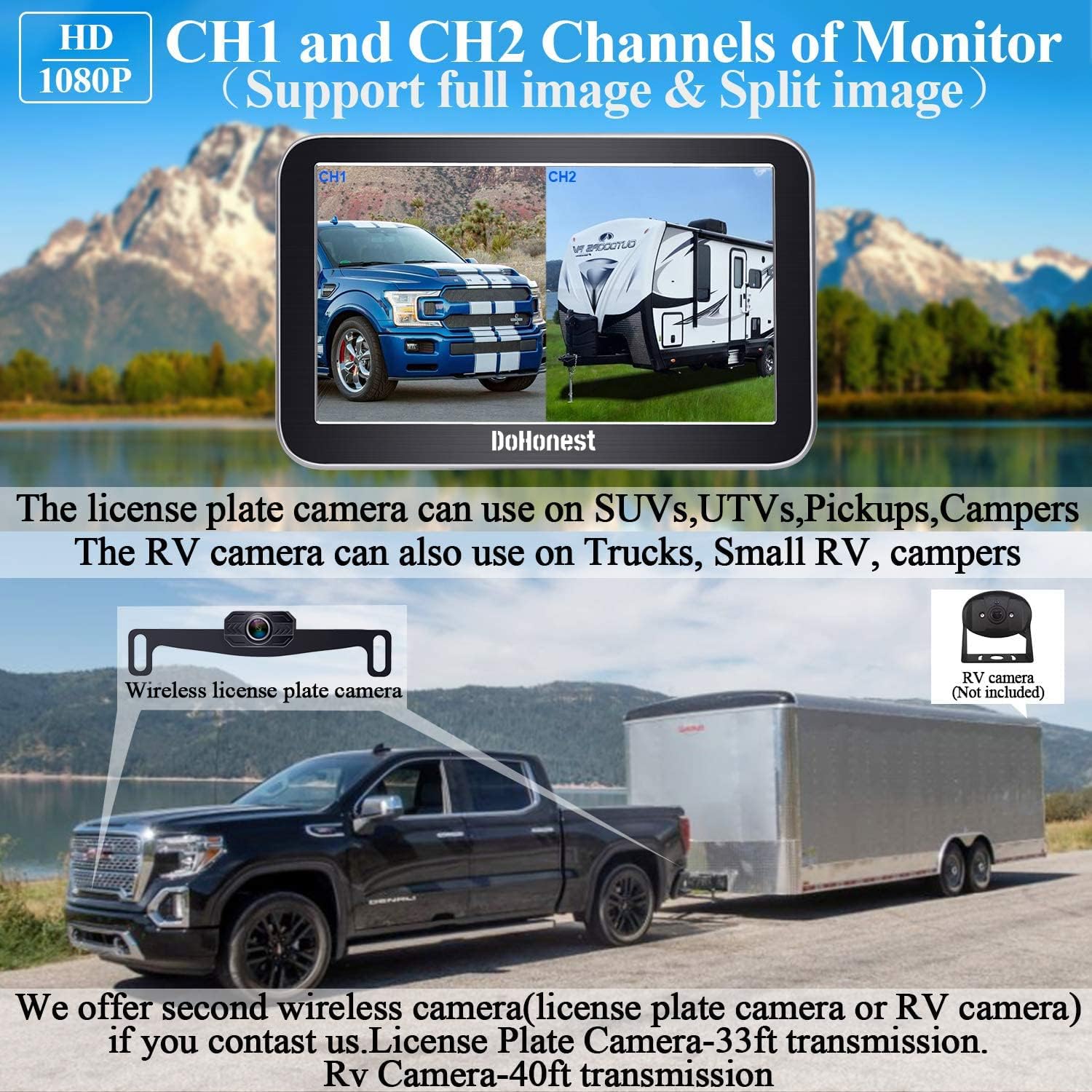 Wireless Backup Camera for Trucks Car Pickup Camper Van with 7 Inch Monitor System, HD 1080P Bluetooth Backup Camera Stable Digital Signals, Support Add Second RV Rear View Camera-DoHonest V29