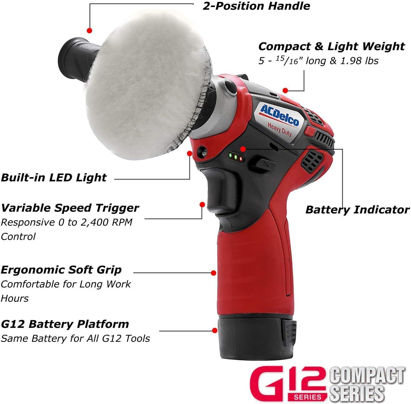 ACDelco G12 Series 12V Cordless 3" Mini Polisher Tool Set with 2 Li-ion Batteries, Charger, and Accessory Kit, ARS1212