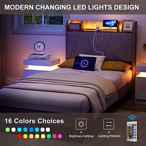 IKIFLY King Bed Frame with Charging Station & Storage Shelf Headboard - 2 Outlets and 2 USB Ports（1 Type C）- Upholstered LED Bed Frame with Solid Wood Slats, No Box Spring Needed - Light Brown