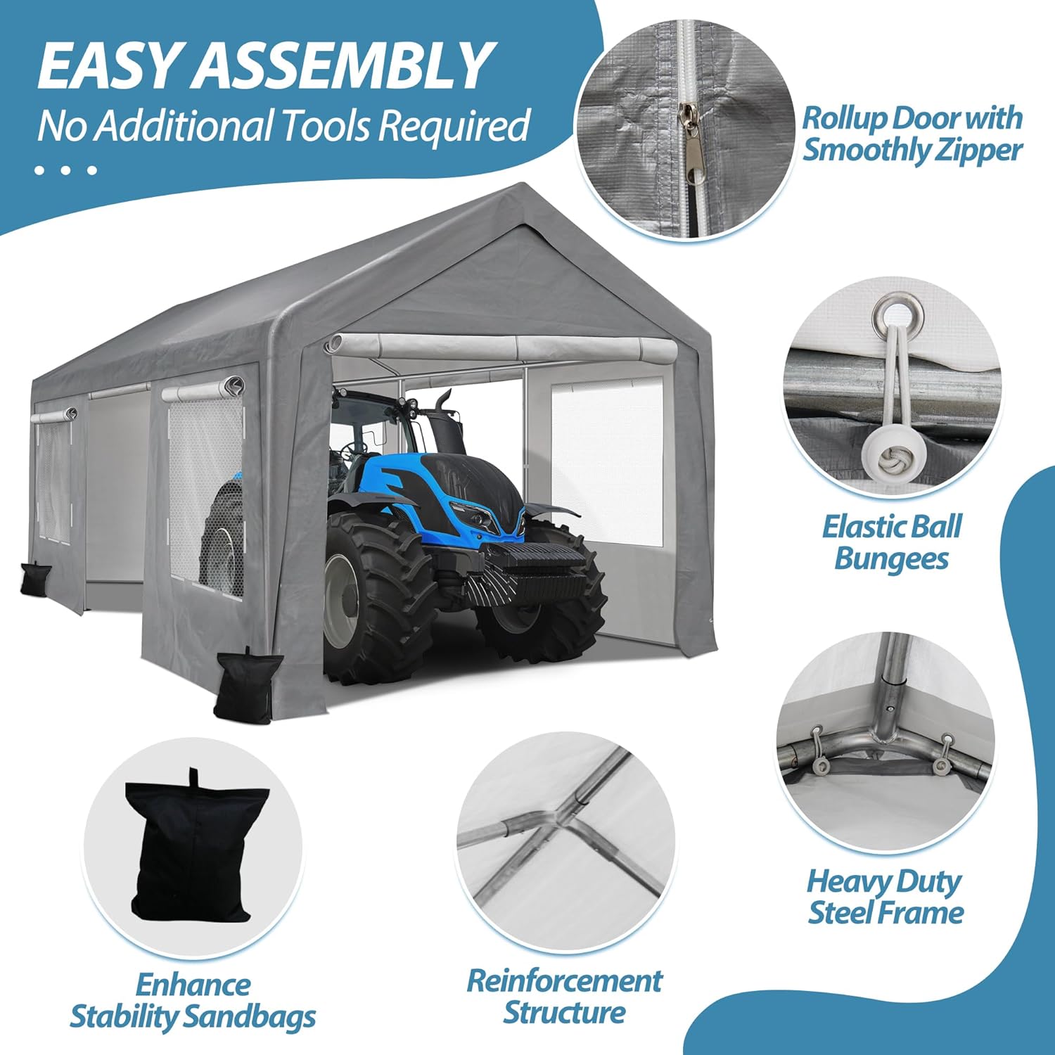 10'x20' Portable Carport Garage, Outdoor Storage Shelter Shed, Durable Zipper Car Canopy with Roll-up Doors and Windows, Heavy Duty Metal Frame, Waterproof Carport Tent for Generator Vehicles