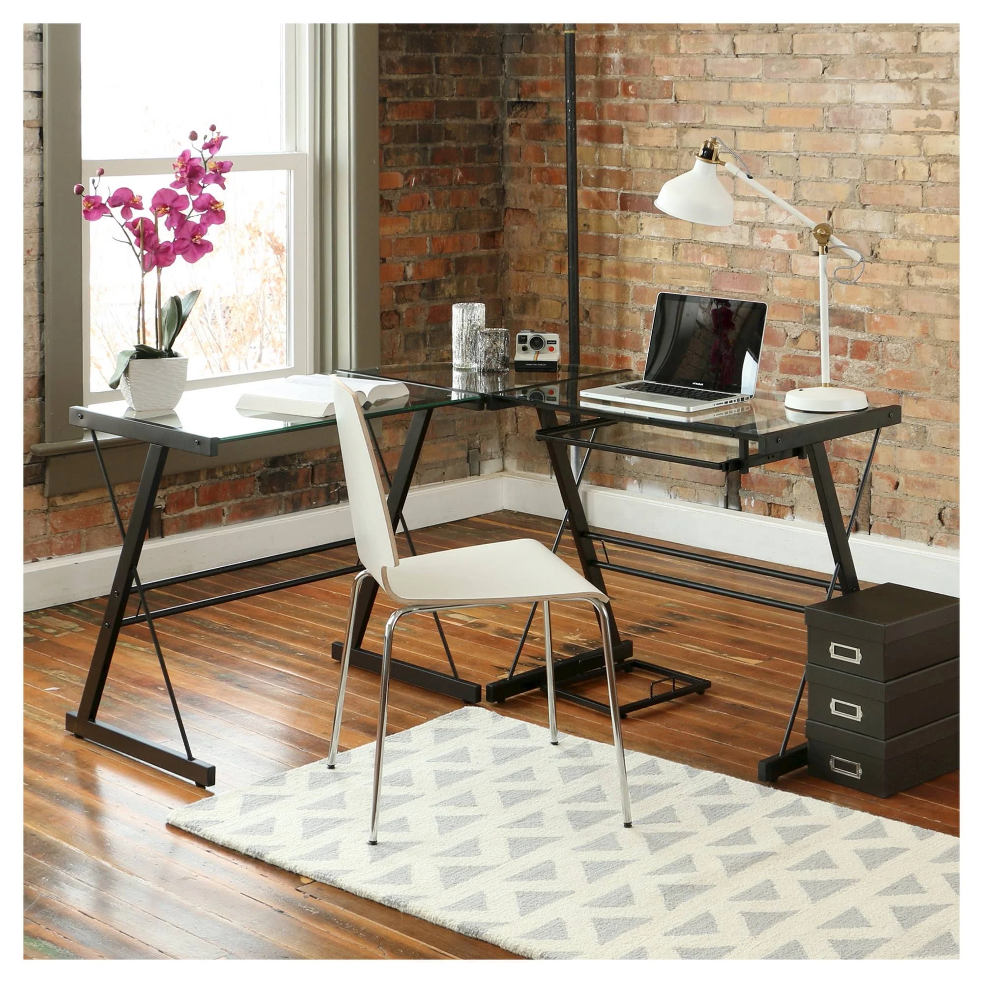 Glass L Shaped Computer Desk with Keyboard Tray Black - Saracina Home