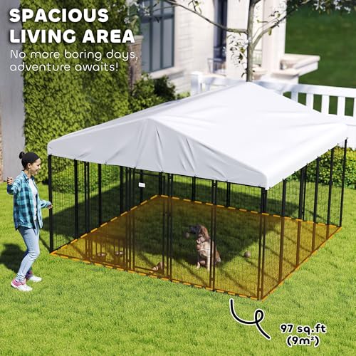 PawHut 4.6' x 4.6' x 5' Dog Kennel Outside, Welded Wire Outdoor Dog Kennel Run with Waterproof & UV Resistant Cover, for S&M Breeds, Chickens, Ducks, Black