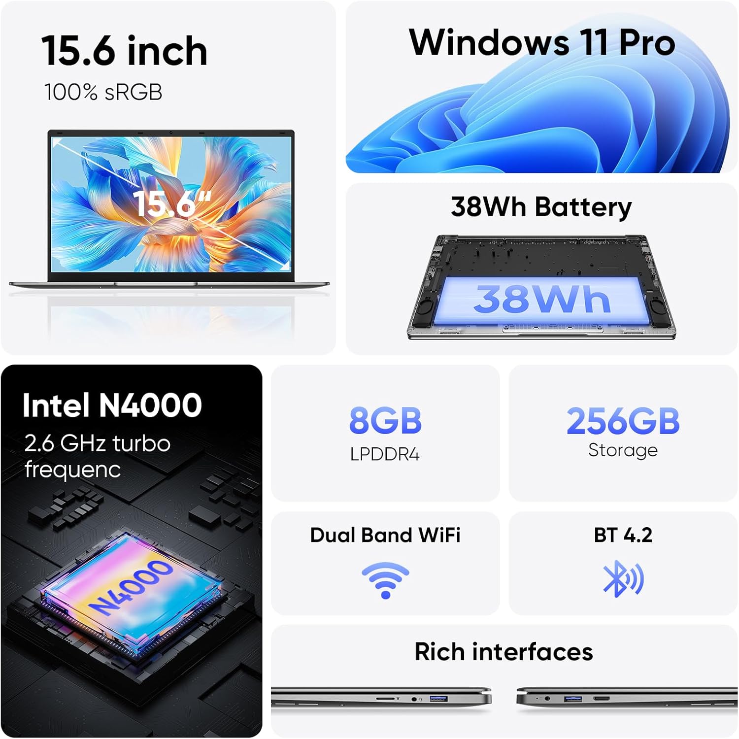 15.6" Windows 11 Pro Laptop, MS Office 2024, 8GB RAM 256GB Storage, Intel Celeron N4000(up to 2.6GHz) 100% sRGB Screen, 2.4G/5G Dual Band WiFi, BT4.2, USB-A, Long Battery Life, Silver