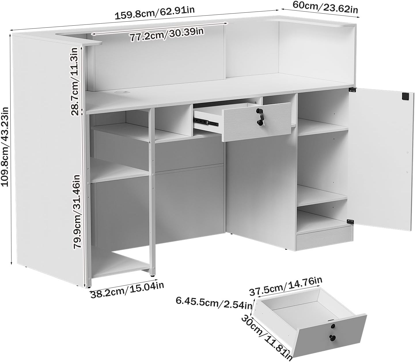 PAKASEPT 63 Inches Reception Desk, Front Desk with RGB LED Lights, Modern Reception Desk with Counter & Lockable Drawer & Open Shelves, Large Counter Table for Office Hotels, Flower Clothing Shops