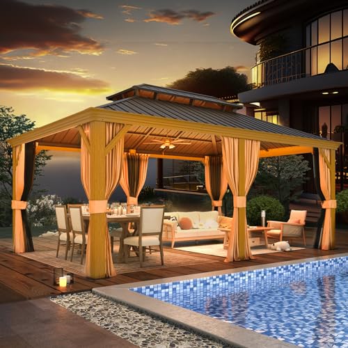 EROMMY 14'x20' Hardtop Gazebo Double Roof Galvanized Steel Canopy Outdoor Aluminum Frame Permanent Metal Pavilion with Netting and Curtains for Patio Backyard Deck and Lawns
