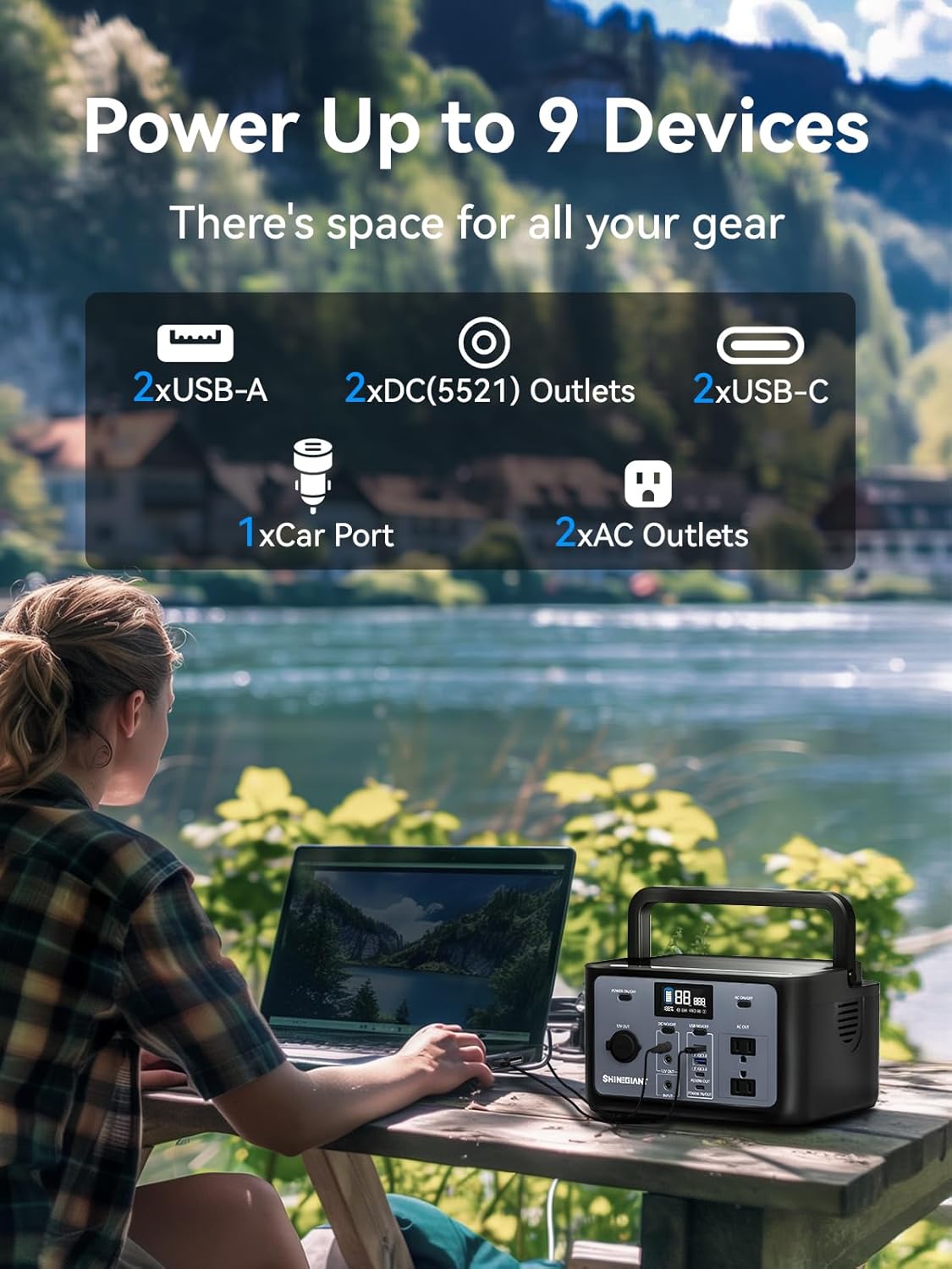 Portable Power Station 300W, SHINEGIANT 256Wh LiFePo4 Power Station with USB-C PD60W, 120V Pure Sine Wave AC Outlet, Solar Generator for Camping, Small Generator for Outdoor Travel Emergency Home Use