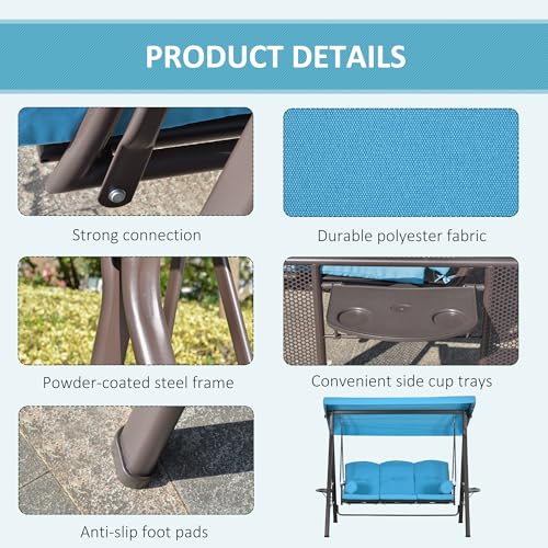 Outsunny 3-Seat Patio Swing Chair, Outdoor Porch Swing Glider with Adjustable Canopy, Removable Cushion, Pillows and Side Trays, for Garden, Poolside, Backyard, Brown