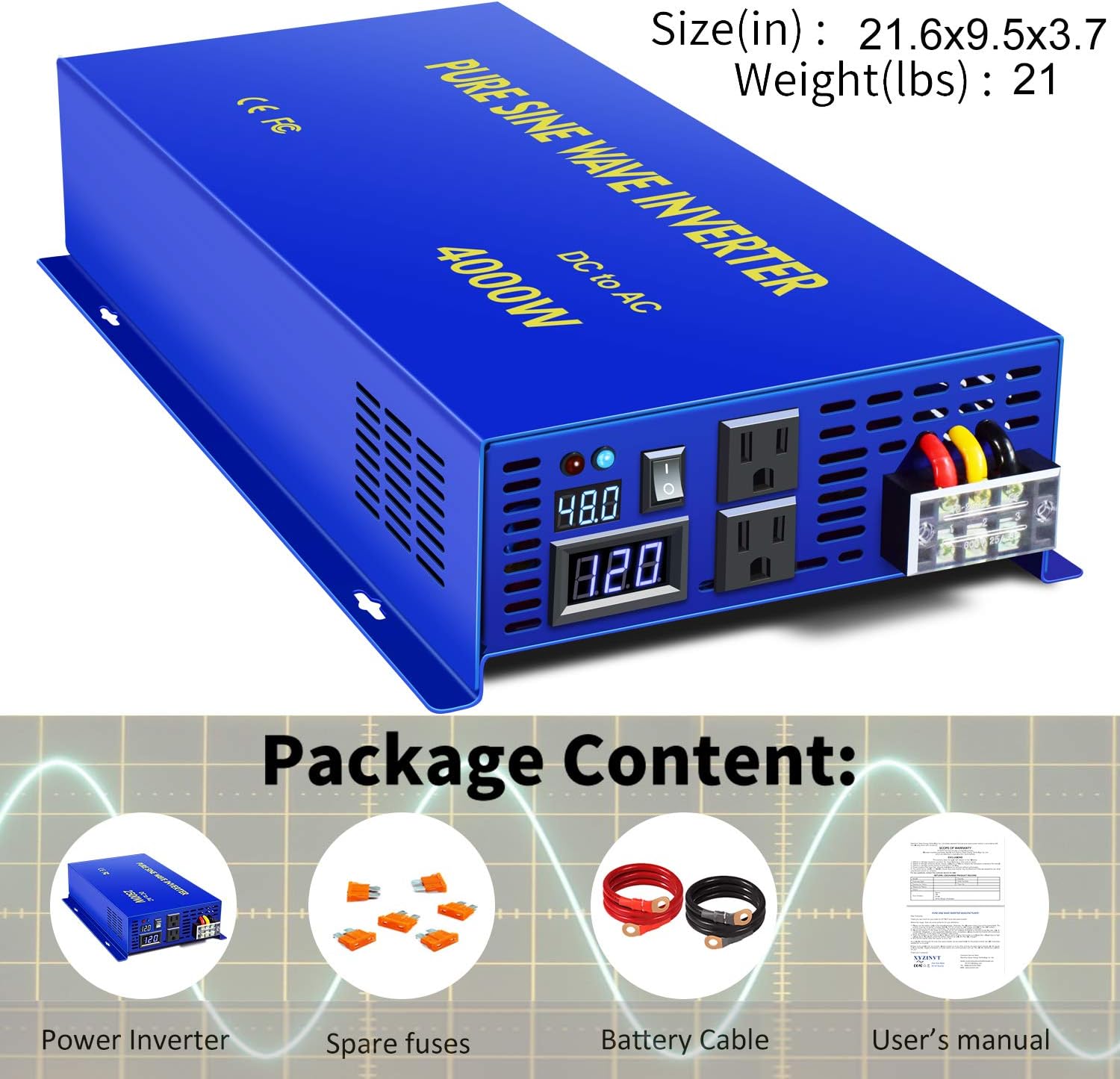 XYZ INVT Pure Sine Wave Inverter 4000 watt Power Inverter 48V to 110v 120V Surge 8000W Power Inverter for Truck RV Car Solar System. (4000W 48V)