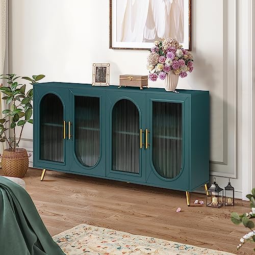 60'' Modern 4-doors Wood Storage Sideboard Buffet Cabinet Console Gold Metal Legs Handle Adjustable Shelves Entryway Accent Credenza Table for Kitchen Dining Room Living Room Hallway (Navy Blue)