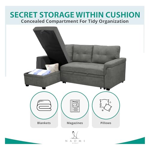 Naomi Home Jenny Sectional Sofa Sleeper with Storage Chaise, Tufted Pull Out Couch with Storage, L-Shaped Reversible Sleeper Sofa with Storage, Black,Air Leather
