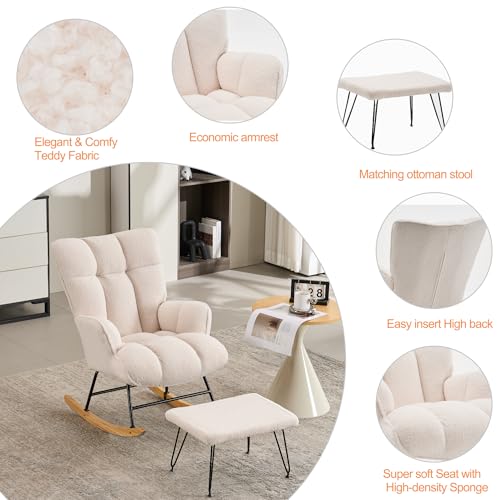 Rocking Chair Nursery, Teddy Upholstered Glider Rocker with High Backrest, Reading Chair Modern Rocking Accent Chairs,Glider Chair with Ottoman for Bedroom, Nursing, Living Room(White)