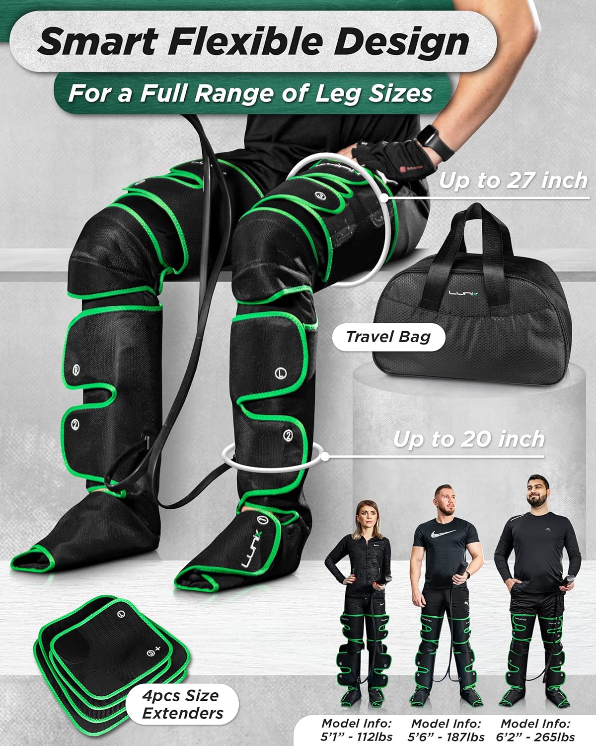 Lunix LX10 Foot, Calf, Leg Air Compression Massager Machine, Cordless and Rechargeable Thigh and Knee Boots Device with Heat for Circulation and Recovery, Legs Pain Relief, Green