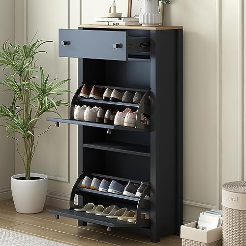 Knocbel Entryway Narrow Shoes Cabinet with 2 Adjustable Shelves and Top Drawer, Entrance Hallway Foyer Freestanding Storage Organizer Unit 12 Pairs Shoe Rack (Black)