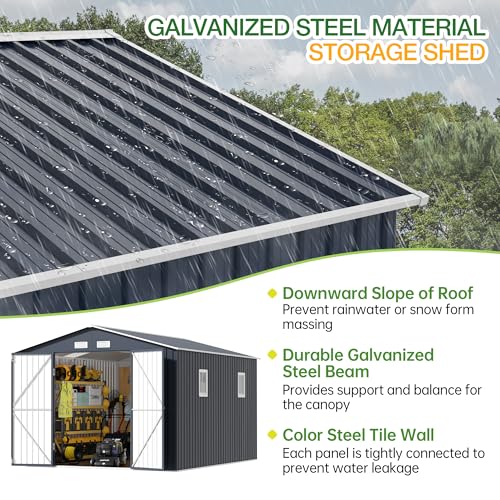 Outdoor Storage Shed 10 x 12ft. Utility Tool Shed Metal Storage Garden Shed with Lockable Doors, Windows & Metal Frame Floor for Patio Storage,Brown