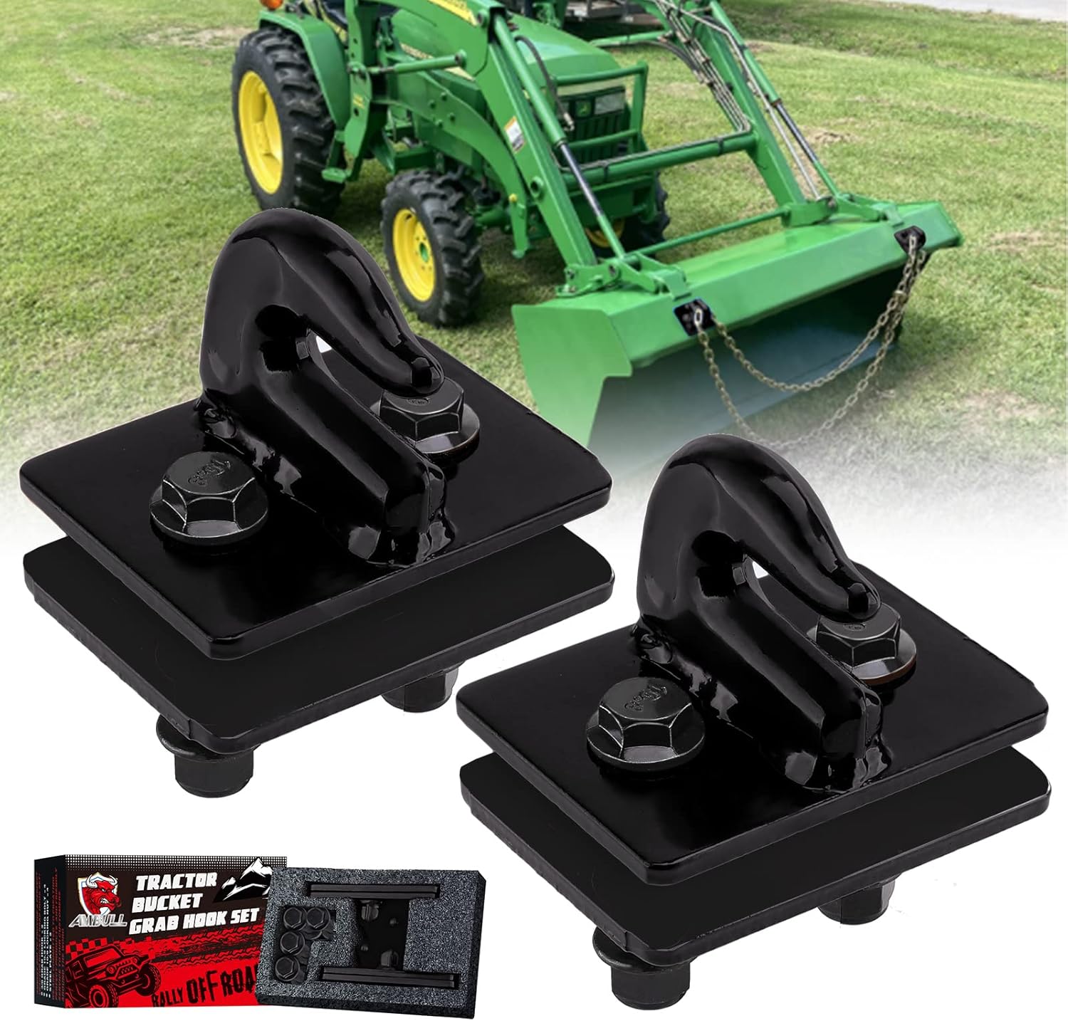 AMBULL 2 Pack 3/8" Tractor Bucket Grab Hook Grade 70 Forged Steel Bolt On Grab Hook Tow Hook Mount with Backer Plate,Work Well for Tractor Bucket, RV, UTV,Truck, Max 15,000 lbs, Dark Green Pack of 2