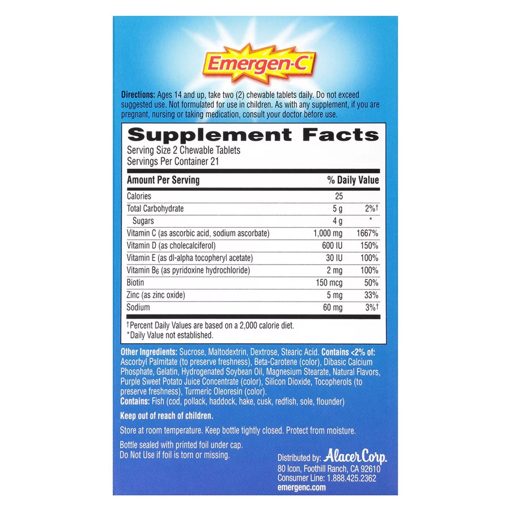 Emergen-C Immune+ Chewables System Support Dietary Supplement Tablet With 600 IU Vitamin D, Orange Blast Flavor 42 ea (Pack of 6)