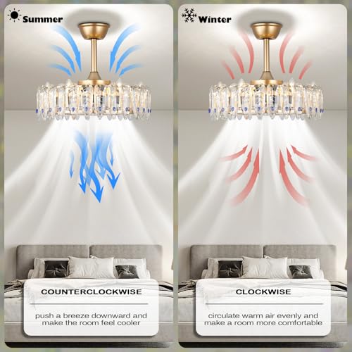 42''Dimmable Fandelier Crystal Chandelier Ceiling Fan Retractable Ceiling Fan with Lights and Remote 6 Speed, 3 Light Change Retractable Blade Chandelier Ceiling Fan for Bedroom(Chrome)