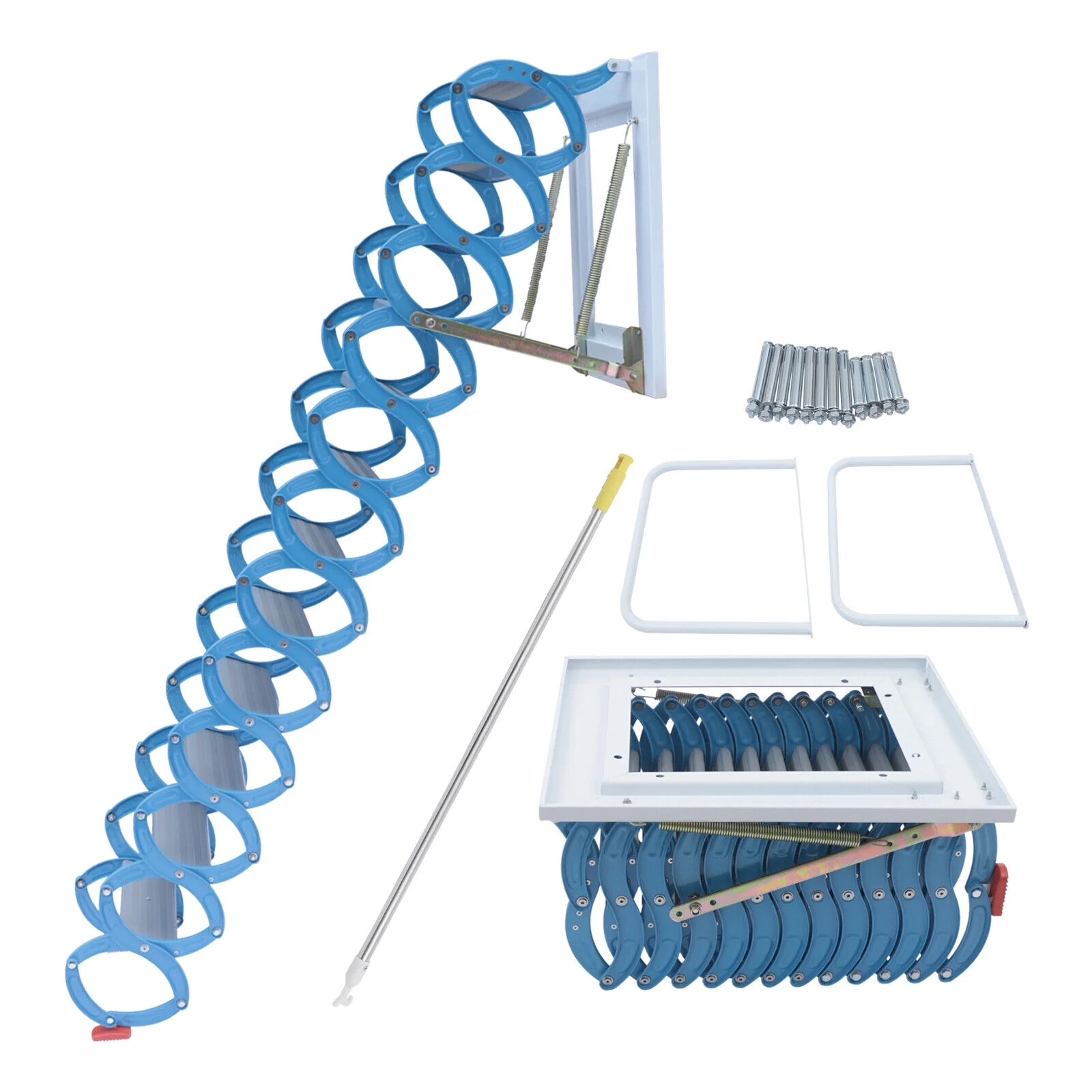 Fichiouy 12 Steps Pulldown Attic Stairs 12.5ft Wall Mounted Folding Loft Wall Ladder Blue