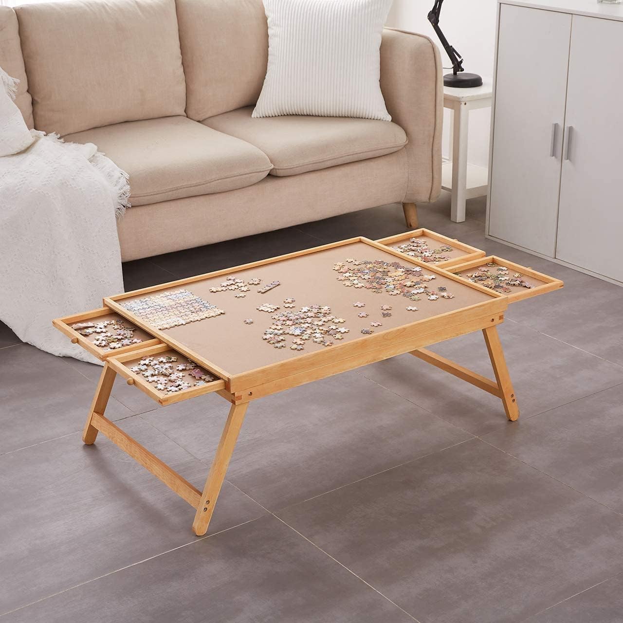 1500 Piece Puzzle Board, 34" x 26" Wooden Jigsaw Puzzle Boards with Folding Legs and 4 Drawers, Smooth Fiberboard Work Surface, Puzzle Tables for Adults, Puzzle Table, Portable Folding Puzzle Tray