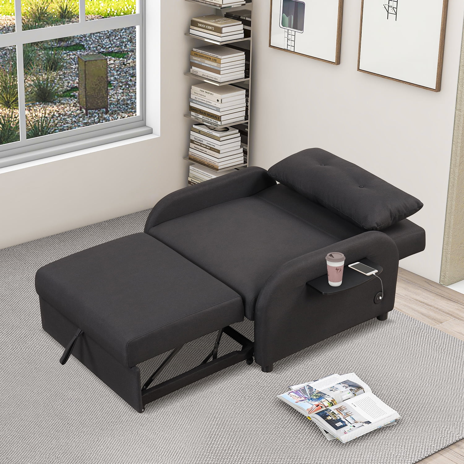 Churanty Sofa Bed Chair 3 in 1 Convertible Lounger Sleeper Single Recliner for Small Space with Adjustable Backrest,2 Wing Table Side Pocket and USB Charge,Black