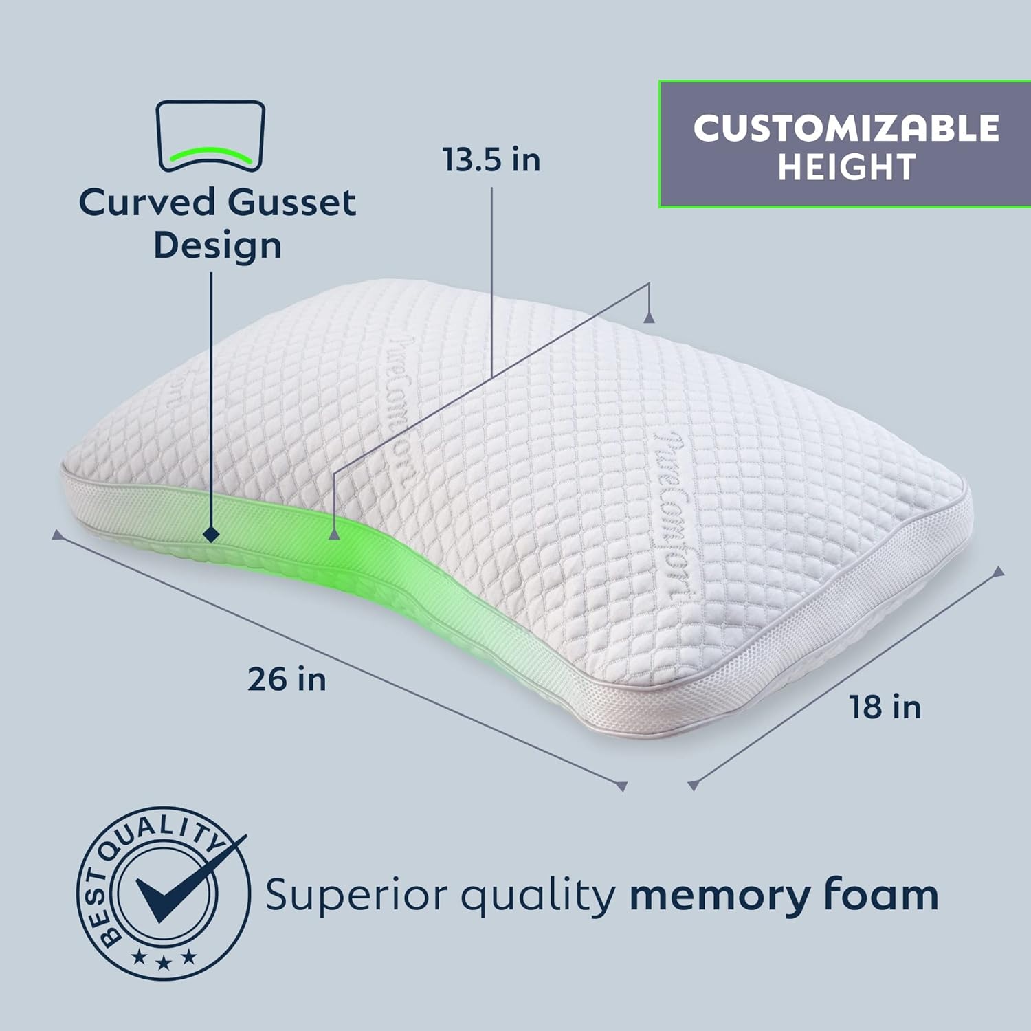 PureComfort Curved Pillow - Adjustable Side Sleeper Pillow for Neck and Shoulder Pain - Cervical Contour Pillow for Sleeping - Memory Foam Loft Pillow for Back or Side Sleepers