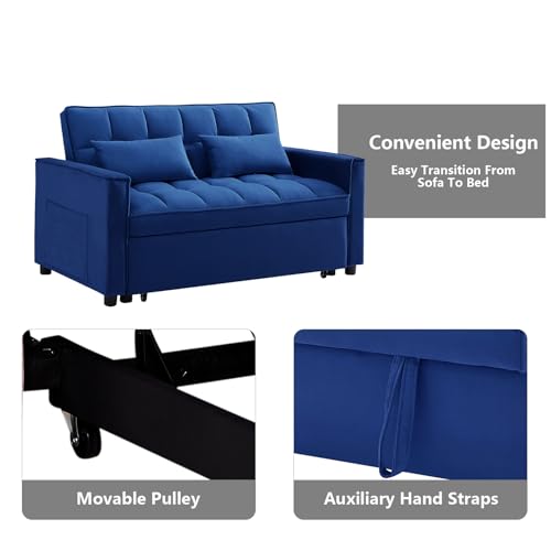 3 in 1 Convertible Sleeper Sofa Bed,Futon Loveseat Couch with Pull-Out Bed & Adjustable Backrest,Velvet Fabric Sofa with Side Pocket for Small Apartment, Living Room, Office (Black)