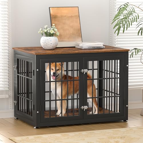 48 Inch Heavy Duty Dog Crate Furniture for Large Dogs, Decorative Pet House End Table, Extra Large Wooden Cage Kennel Furniture Indoor, Natural and White