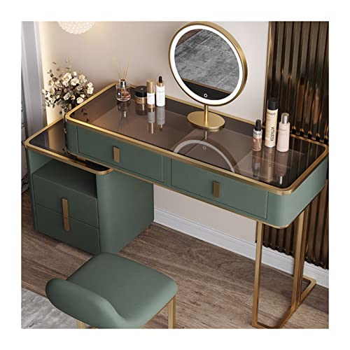 Dressing Table Dresser Storage Cabinet Bedside Table Bedroom Modern Minimalist Wood Makeup Table LED Mirror Green Luxury Makeup Table Penteadeira(with Cabinet,80cm)