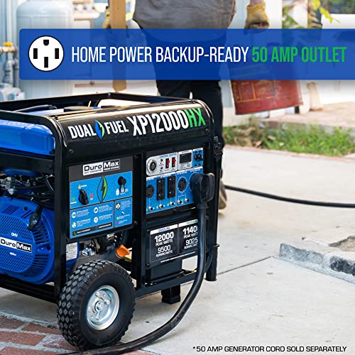 DuroMax XP13000HXT 13,000-Watt 500cc Tri Fuel Gas Propane Natural Gas Portable Generator with CO Alert, Black/Blue