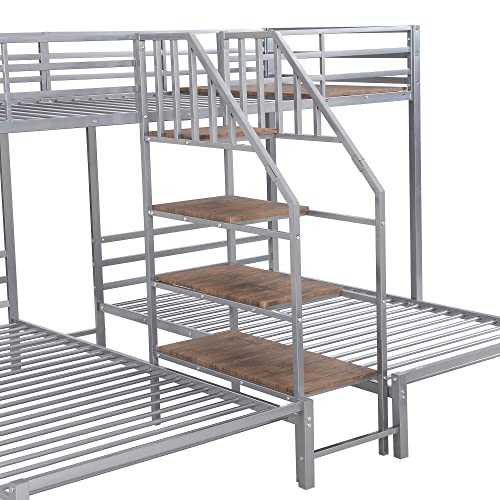 Versatility Full-Over-Twin-Twin Bunk Bed with Wardrobe and Mirror, Solid Wood Triple Bunk Bed Frame with Safety Guardrail and Built-in Shelves, 3 Beds in 1 for Kids Teens Adults (Grey-Mi)