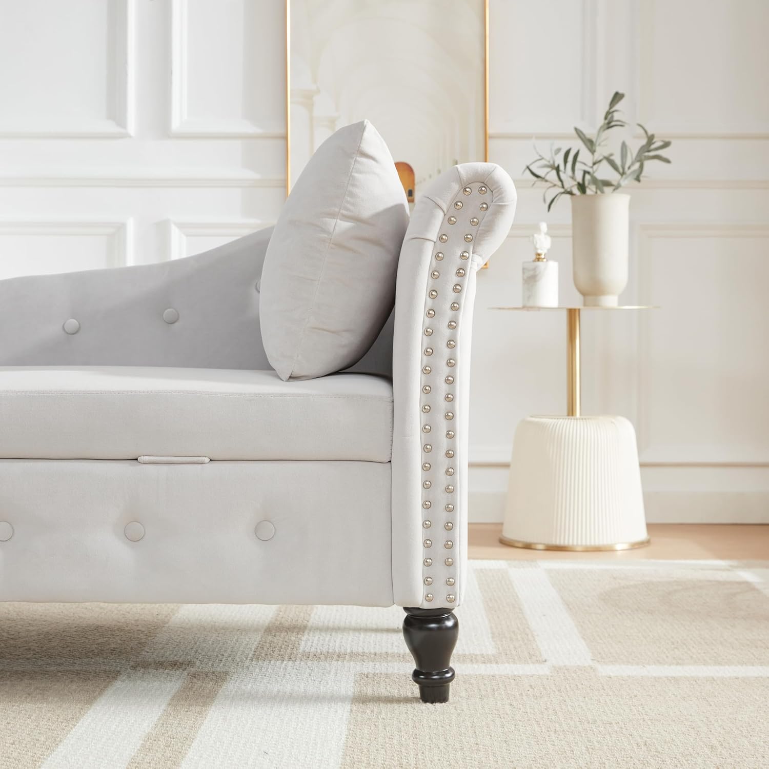 Chaise Lounge Indoor with Storage, Upholstered Chaise Lounges Sofa Recliner Chair with Pillow, Modern Nailhead Trimmed Tufted Lounge Chair for Living Room Bedroom Office, Light Grey